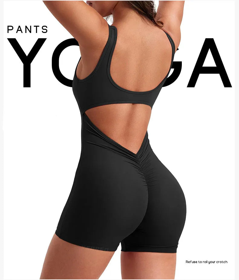 Women's Gym Clothing Yoga Solid Ruched Backless Sleeveless Square Collar Skinny Sexy Rompers Ropa Deportiva Mujer Gym Playsuits