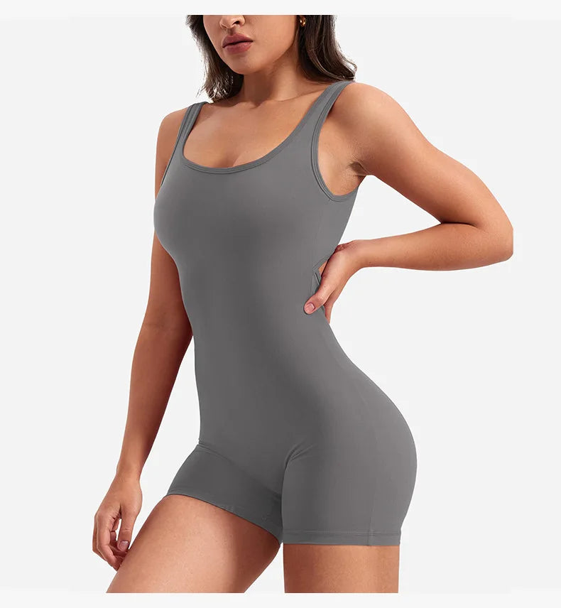 Women's Gym Clothing Yoga Solid Ruched Backless Sleeveless Square Collar Skinny Sexy Rompers Ropa Deportiva Mujer Gym Playsuits