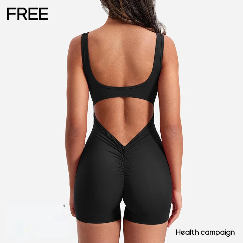 Women's Gym Clothing Yoga Solid Ruched Backless Sleeveless Square Collar Skinny Sexy Rompers Ropa Deportiva Mujer Gym Playsuits