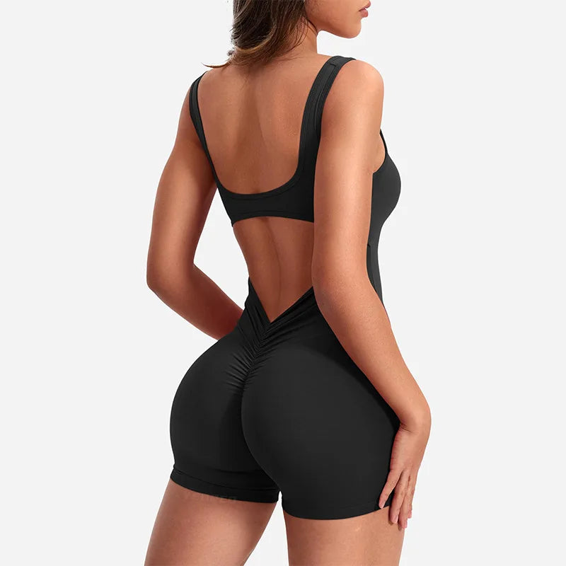 Women's Gym Clothing Yoga Solid Ruched Backless Sleeveless Square Collar Skinny Sexy Rompers Ropa Deportiva Mujer Gym Playsuits