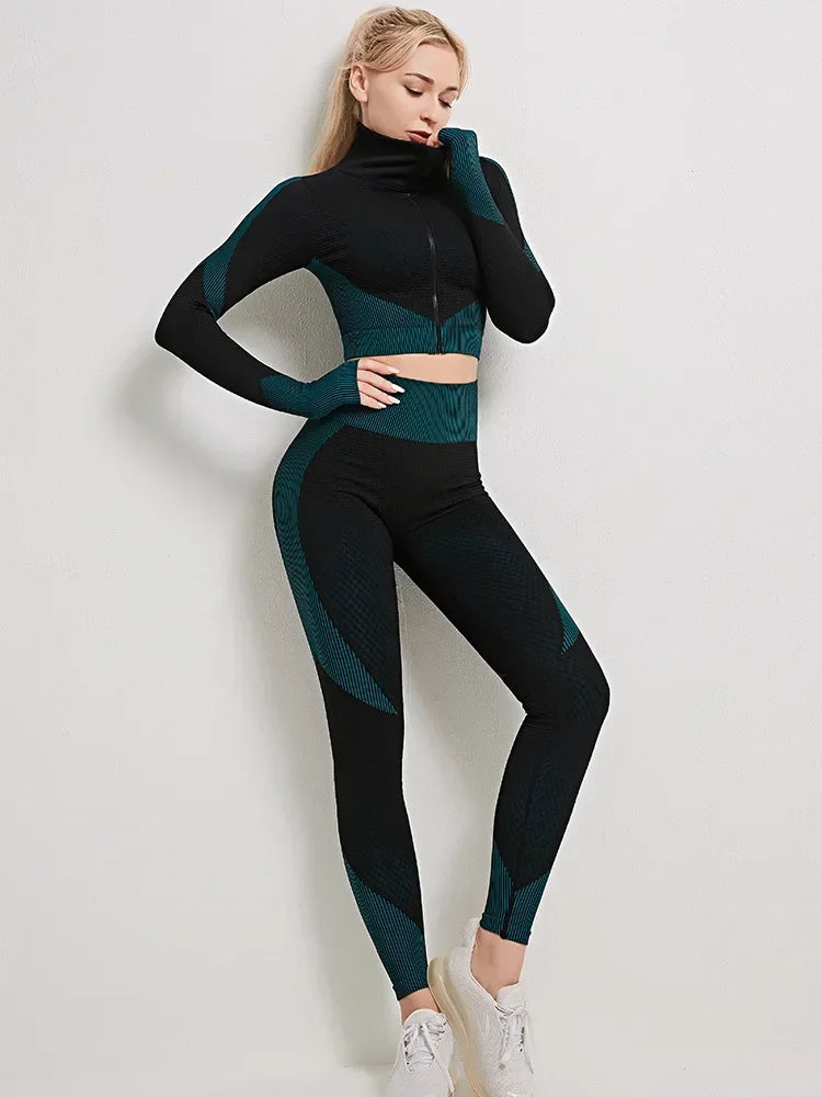Yoga Clothes Gym Wear Women Fitness Clothing Outfit Workout Zipper Sportswear Long Sleeve Crop Bra Top Leggings Seperately Sold
