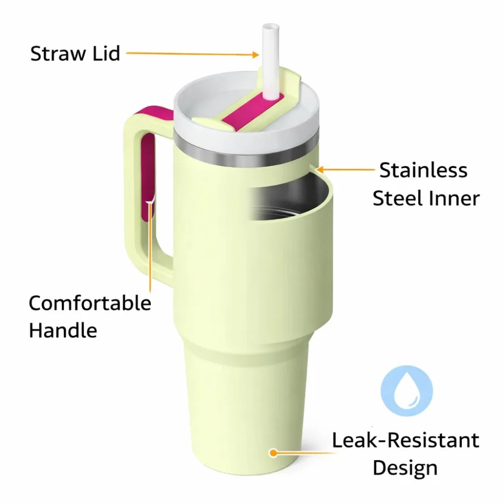 Insulated Tumbler with Handle and Straw Lid, 40oz Large Capacity Travel Mug, Stainless Steel Vacuum Cup for Hot Cold Drinks