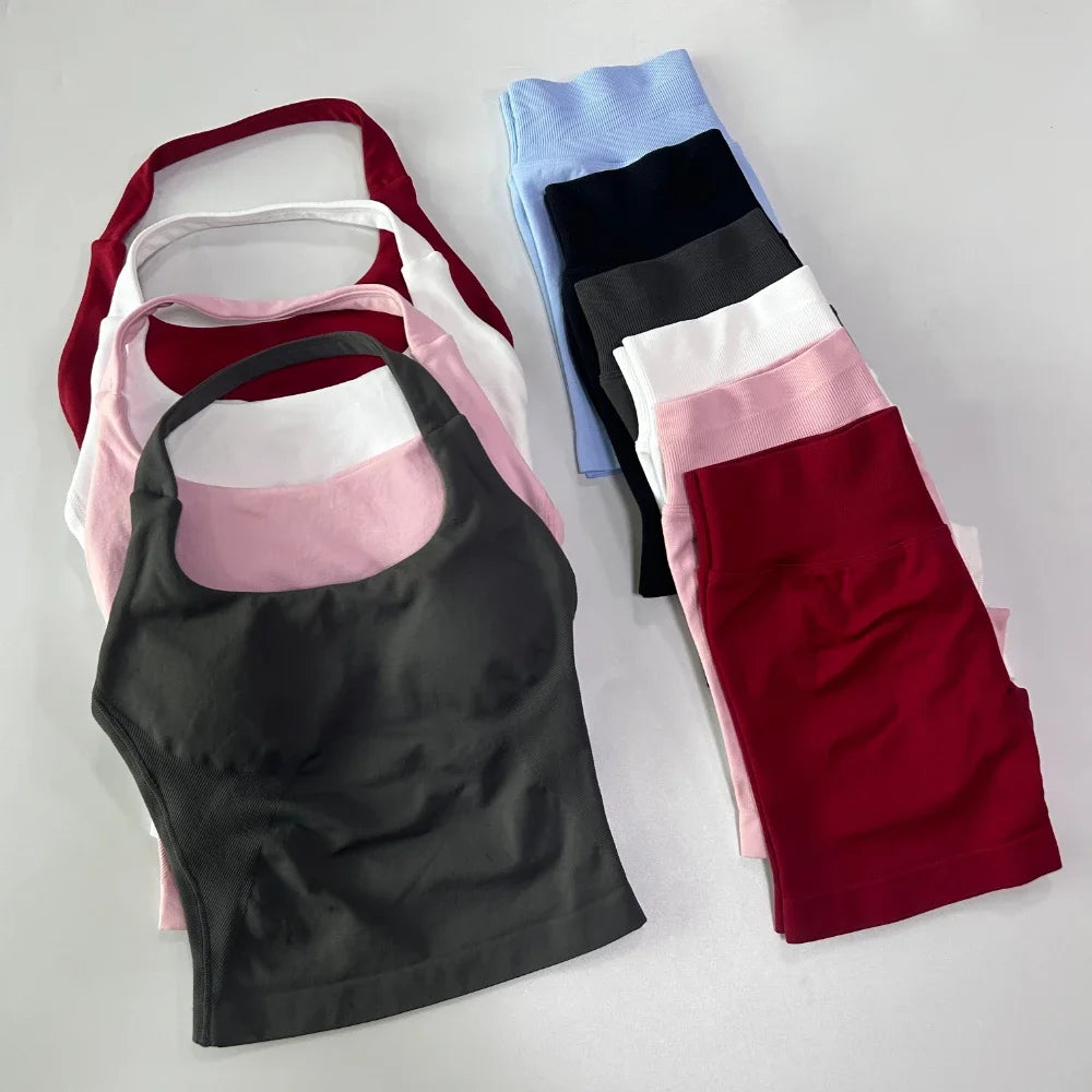 Yoga 2 Pieces Gym Set Women Backless Halter Tops High Waist Seamless Shorts Gym Suit Fitness Sports Bras Sportswear Workout Sets