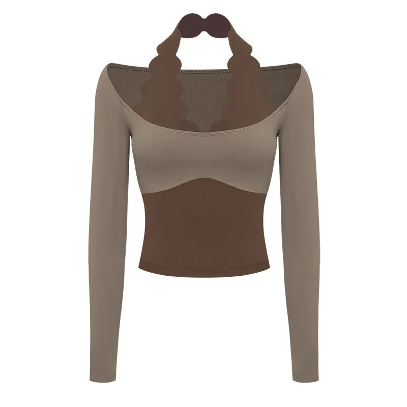 Gym Shirts 2026 Fitness Tops Sports Wear Breathable Moisture Wicking Halter Neck Long Sleeve Yoga Clothes Blouses