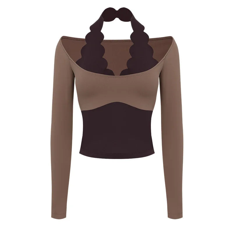 Gym Shirts 2026 Fitness Tops Sports Wear Breathable Moisture Wicking Halter Neck Long Sleeve Yoga Clothes Blouses