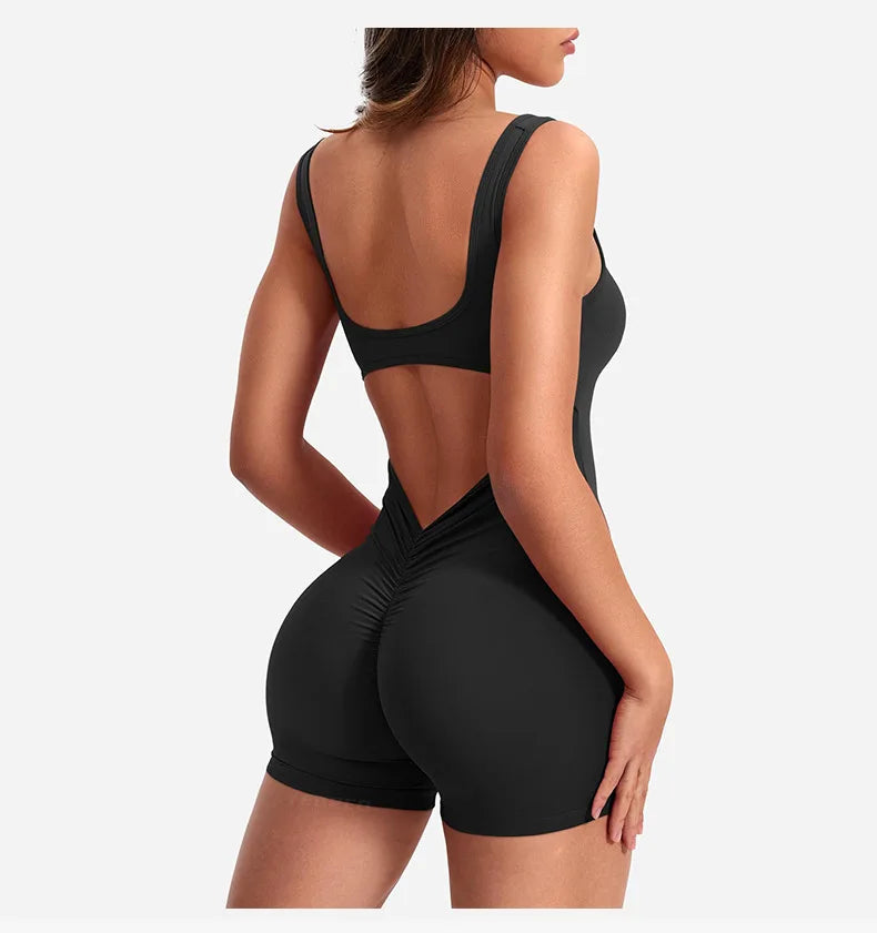 Women's Gym Clothing Yoga Solid Ruched Backless Sleeveless Square Collar Skinny Sexy Rompers Ropa Deportiva Mujer Gym Playsuits