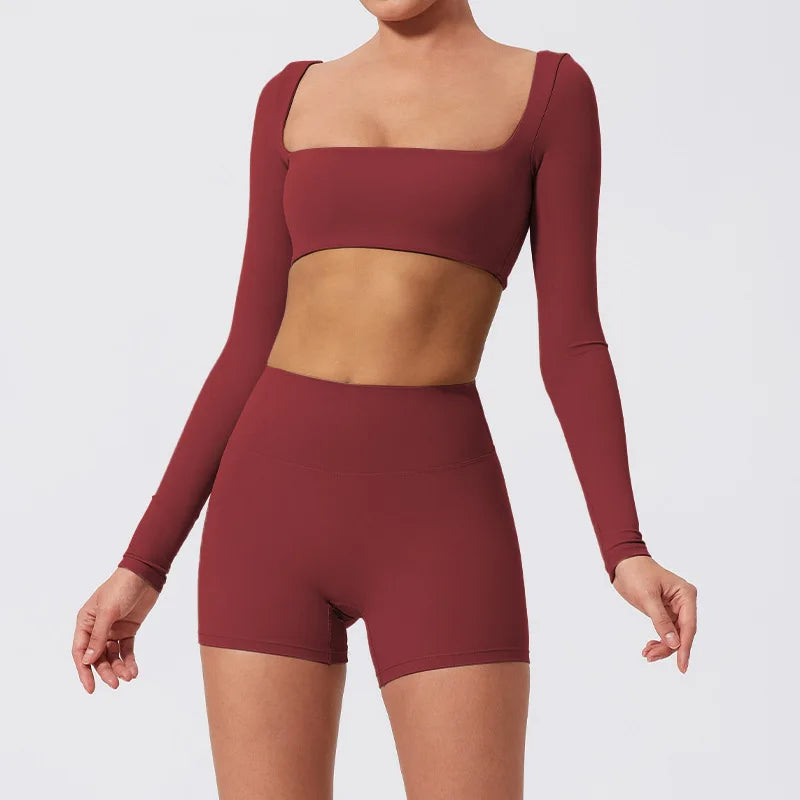 Yoga Clothes 2PCS Gym Set Sports Shorts Set Women Long Sleeved High Waist Shorts Fitness Suit Running Workout Tracksuit XP133