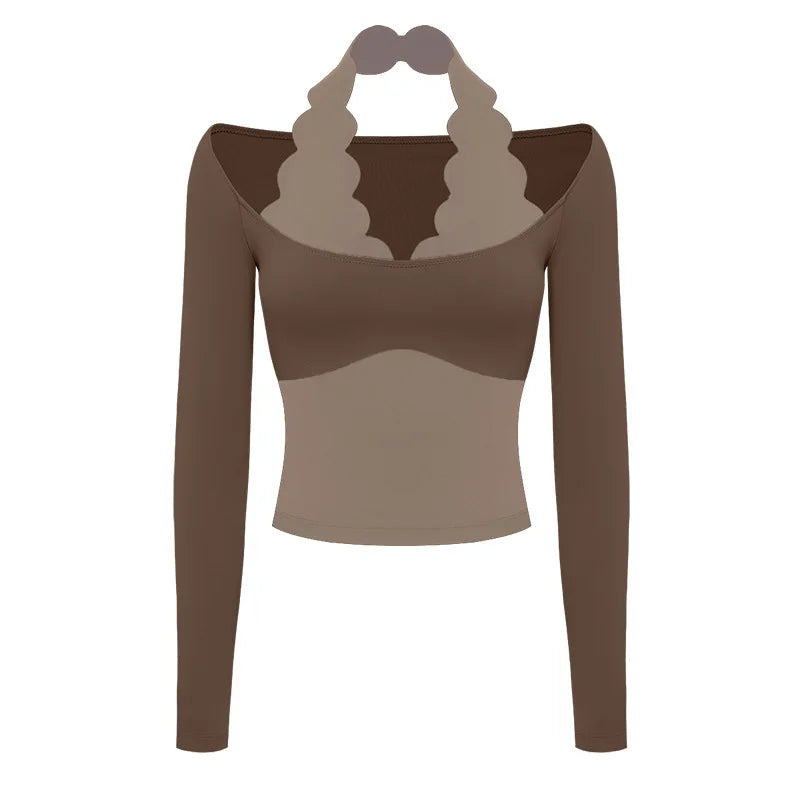 Gym Shirts 2026 Fitness Tops Sports Wear Breathable Moisture Wicking Halter Neck Long Sleeve Yoga Clothes Blouses