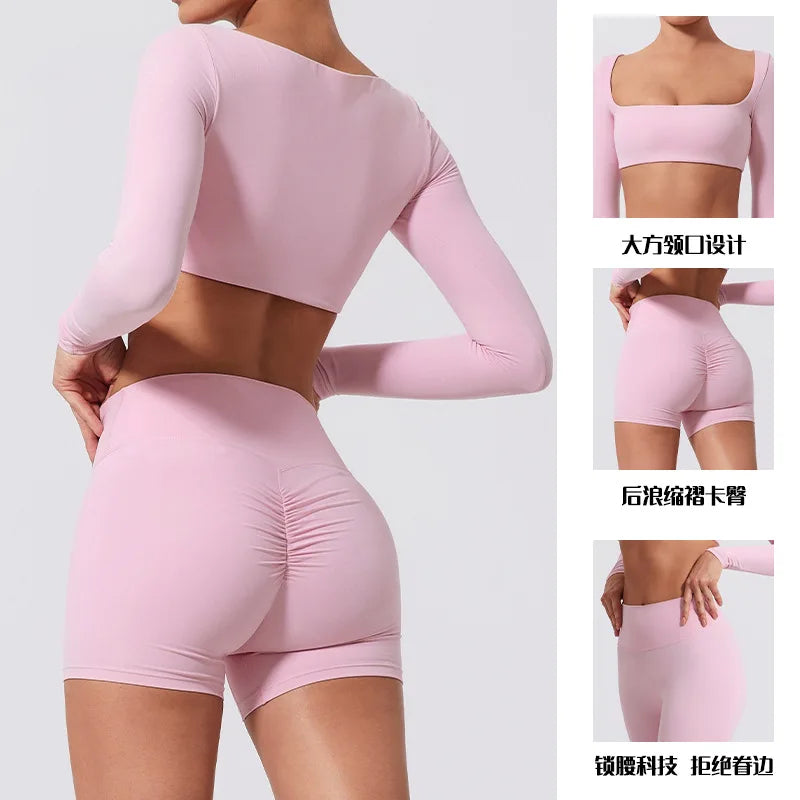Yoga Clothes 2PCS Gym Set Sports Shorts Set Women Long Sleeved High Waist Shorts Fitness Suit Running Workout Tracksuit XP133