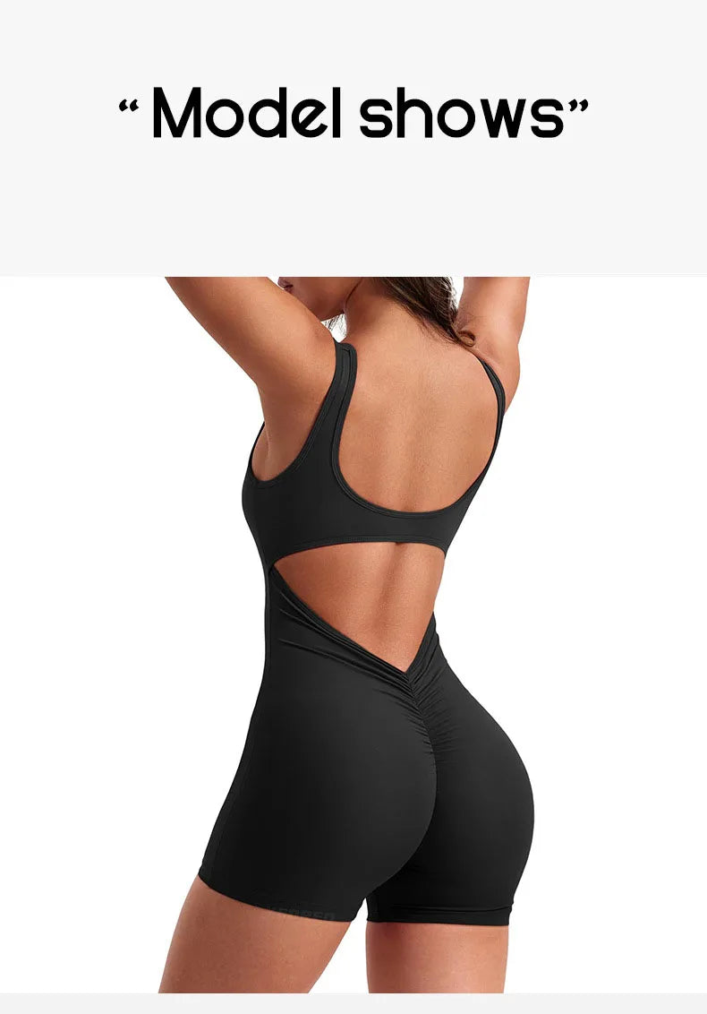 Women's Gym Clothing Yoga Solid Ruched Backless Sleeveless Square Collar Skinny Sexy Rompers Ropa Deportiva Mujer Gym Playsuits