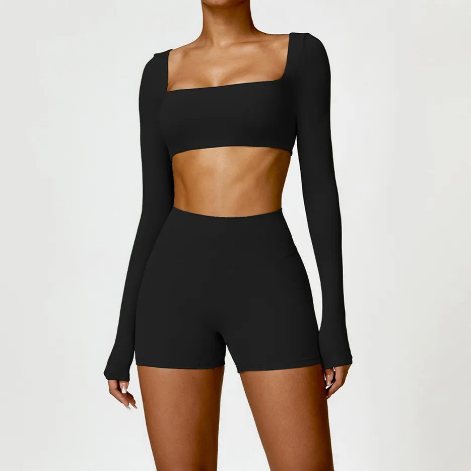 Yoga Clothes 2PCS Gym Set Sports Shorts Set Women Long Sleeved High Waist Shorts Fitness Suit Running Workout Tracksuit XP133