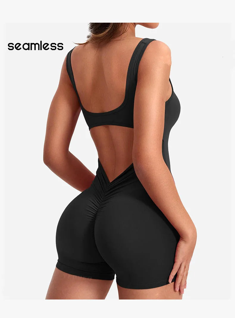 Women's Gym Clothing Yoga Solid Ruched Backless Sleeveless Square Collar Skinny Sexy Rompers Ropa Deportiva Mujer Gym Playsuits