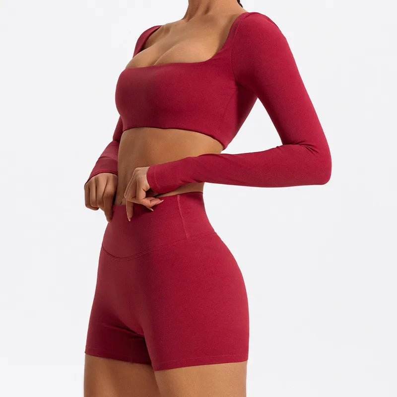 Yoga Clothes 2PCS Gym Set Sports Shorts Set Women Long Sleeved High Waist Shorts Fitness Suit Running Workout Tracksuit XP133